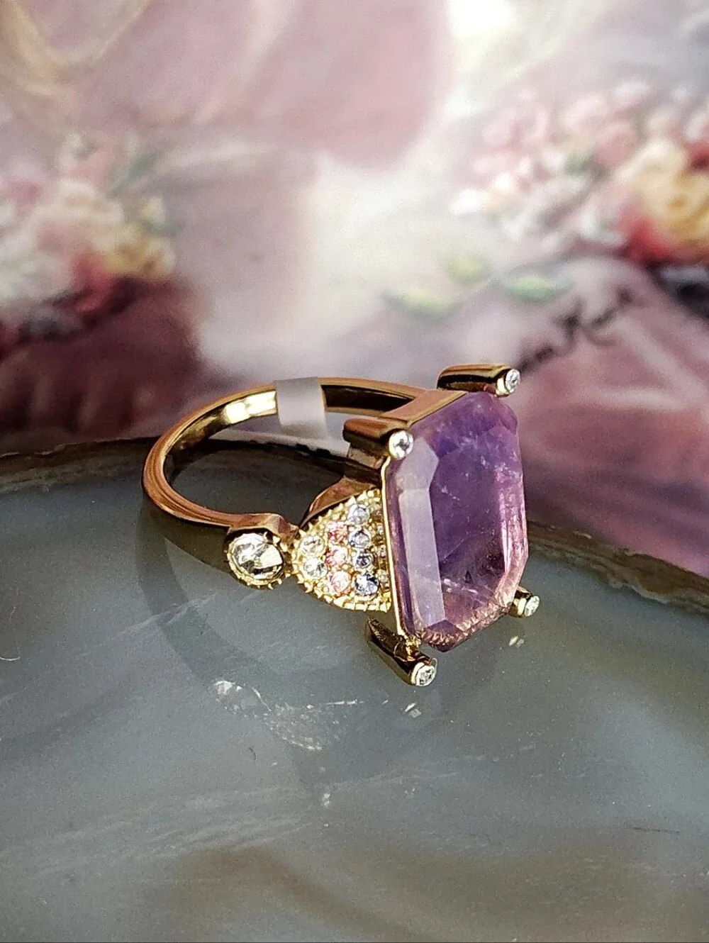 Amethyst Cocktail Ring Stainless Steel Women's Gemstone Crystal Ring Size 7